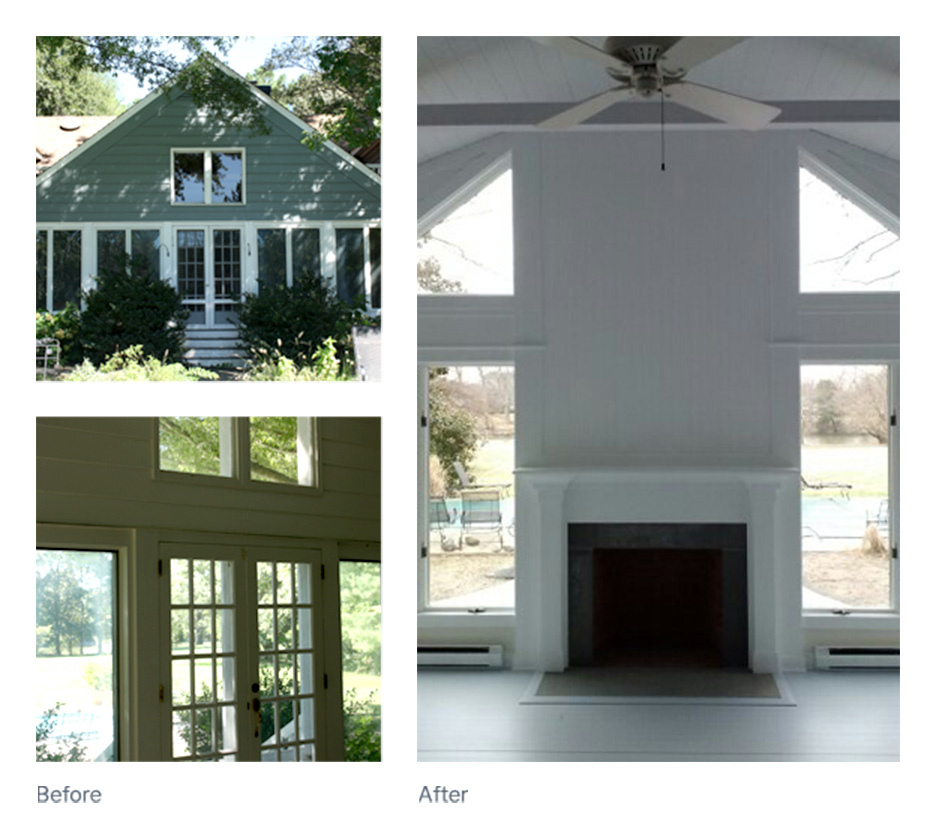 A 'before and after' comparison: the 'before' showing the exterior of a house with green siding and French doors, the 'after' showcasing a renovated interior with a white fireplace and large windows overlooking a pool.